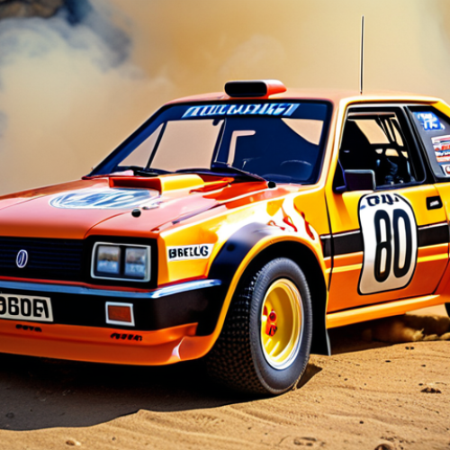Home 11 **Image Prompt:** A radio-controlled car body with a vintage rally car design, featuring 1980s-style aesthetics and intricate paintwork done with an airbrush, showcasing flames seemingly erupting from the body.