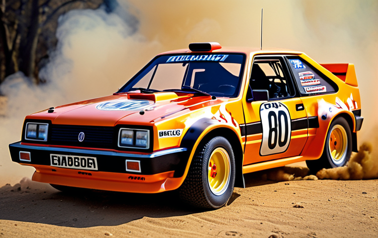 **Image Prompt:** A radio-controlled car body with a vintage rally car design, featuring 1980s-style aesthetics and intricate paintwork done with an airbrush, showcasing flames seemingly erupting from the body.