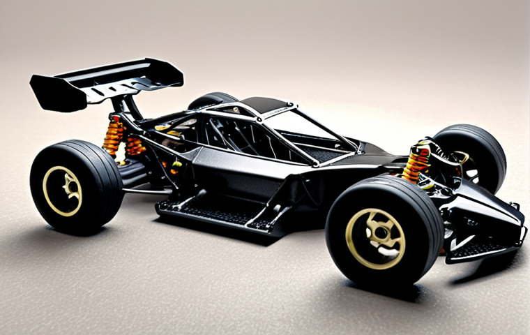 **Image Prompt 1:** Detailed RC car chassis analysis. Focus on material types (plastic, composite), stress points around suspension, motor, and transmission. Show reinforced parts (metal, carbon fiber) on a drift car.