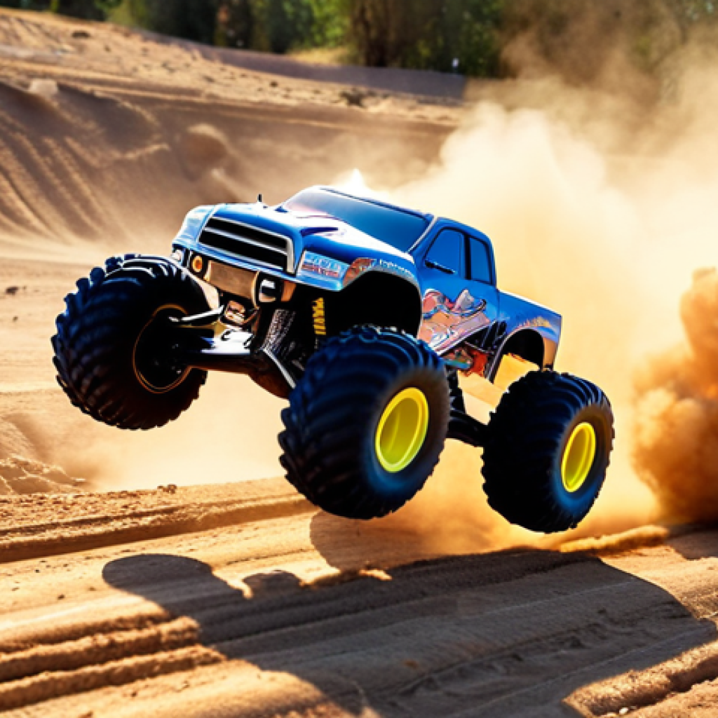 **Prompt 1: Adrenaline & FPV Action**
    A dynamic, low-angle FPV shot from a high-speed RC monster truck mid-air over a dusty off-road track. Dust plumes violently from the wheels, catching the golden hour sunlight. The scene conveys extreme speed and a thrilling sense of miniature extreme sports, with a blurred background emphasizing motion.