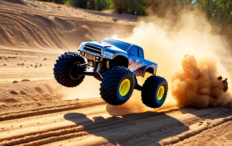 **Prompt 1: Adrenaline & FPV Action**
    A dynamic, low-angle FPV shot from a high-speed RC monster truck mid-air over a dusty off-road track. Dust plumes violently from the wheels, catching the golden hour sunlight. The scene conveys extreme speed and a thrilling sense of miniature extreme sports, with a blurred background emphasizing motion.