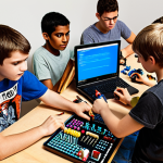 A highly detailed, realistic image of a diverse group of young enthusiasts (ages 10-18) at a well-lit workbench, intensely focused on assembling and programming an advanced RC car. The scene should highlight elements of engineering and coding: visible microcontrollers (like Arduino or Raspberry Pi), custom 3D-printed parts attached to the car, a laptop displaying lines of code (Python or Scratch blocks), and various tools (soldering iron, screwdrivers). The atmosphere is one of creative problem-solving, innovation, and hands-on learning, emphasizing STEM education and the joy of bringing a machine to life through code and design.