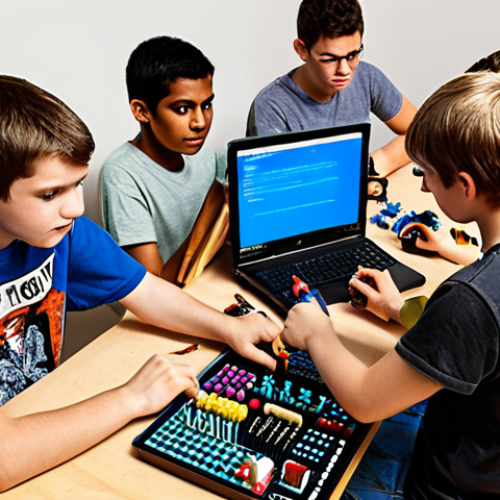 A highly detailed, realistic image of a diverse group of young enthusiasts (ages 10-18) at a well-lit workbench, intensely focused on assembling and programming an advanced RC car. The scene should highlight elements of engineering and coding: visible microcontrollers (like Arduino or Raspberry Pi), custom 3D-printed parts attached to the car, a laptop displaying lines of code (Python or Scratch blocks), and various tools (soldering iron, screwdrivers). The atmosphere is one of creative problem-solving, innovation, and hands-on learning, emphasizing STEM education and the joy of bringing a machine to life through code and design.