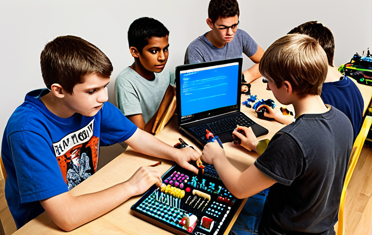 A highly detailed, realistic image of a diverse group of young enthusiasts (ages 10-18) at a well-lit workbench, intensely focused on assembling and programming an advanced RC car. The scene should highlight elements of engineering and coding: visible microcontrollers (like Arduino or Raspberry Pi), custom 3D-printed parts attached to the car, a laptop displaying lines of code (Python or Scratch blocks), and various tools (soldering iron, screwdrivers). The atmosphere is one of creative problem-solving, innovation, and hands-on learning, emphasizing STEM education and the joy of bringing a machine to life through code and design.