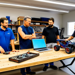 A diverse group of adult RC car enthusiasts, fully clothed in modest casual wear and professional workshop attire, gathered around a clean workbench in a brightly lit, organized community workshop. One person is pointing at a laptop screen displaying a specialized RC forum, while others are examining a highly detailed electric RC buggy. Various neatly arranged tools and components are visible on the workbench. The atmosphere is collaborative and friendly, showcasing knowledge sharing and passion. Professional photography, high detail, vibrant colors, safe for work, appropriate content, perfect anatomy, correct proportions, natural pose, well-formed hands, proper finger count, natural body proportions.
