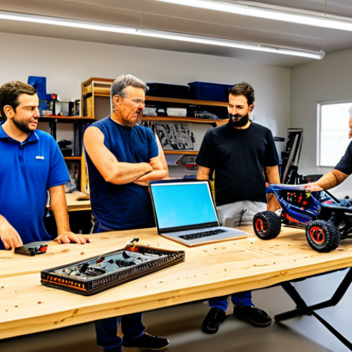 A diverse group of adult RC car enthusiasts, fully clothed in modest casual wear and professional workshop attire, gathered around a clean workbench in a brightly lit, organized community workshop. One person is pointing at a laptop screen displaying a specialized RC forum, while others are examining a highly detailed electric RC buggy. Various neatly arranged tools and components are visible on the workbench. The atmosphere is collaborative and friendly, showcasing knowledge sharing and passion. Professional photography, high detail, vibrant colors, safe for work, appropriate content, perfect anatomy, correct proportions, natural pose, well-formed hands, proper finger count, natural body proportions.