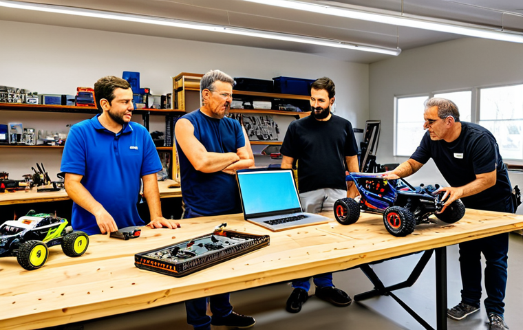 A diverse group of adult RC car enthusiasts, fully clothed in modest casual wear and professional workshop attire, gathered around a clean workbench in a brightly lit, organized community workshop. One person is pointing at a laptop screen displaying a specialized RC forum, while others are examining a highly detailed electric RC buggy. Various neatly arranged tools and components are visible on the workbench. The atmosphere is collaborative and friendly, showcasing knowledge sharing and passion. Professional photography, high detail, vibrant colors, safe for work, appropriate content, perfect anatomy, correct proportions, natural pose, well-formed hands, proper finger count, natural body proportions.