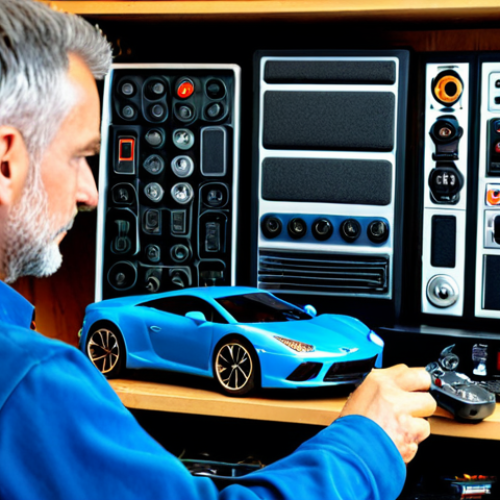**

"A model car enthusiast, fully clothed in a professional-looking workshop, carefully examining a modern RC car remote control with an LCD screen. The background shows various tools and RC car parts. Safe for work, appropriate content, perfect anatomy, correct proportions, professional, well-lit, high quality."

**