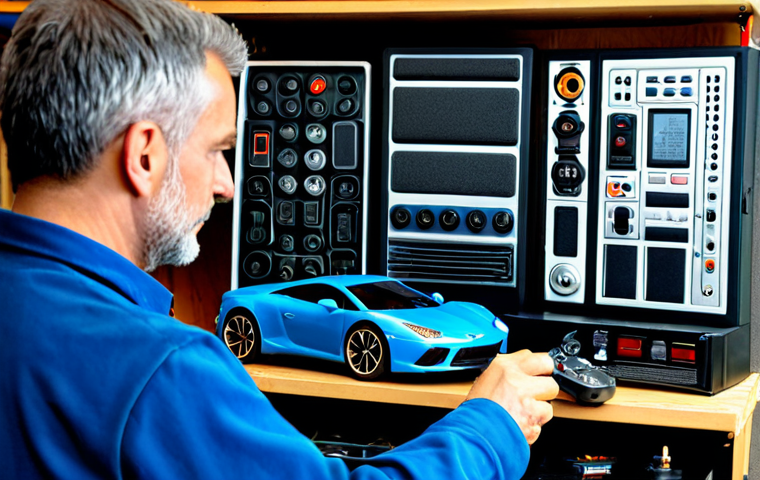 **

"A model car enthusiast, fully clothed in a professional-looking workshop, carefully examining a modern RC car remote control with an LCD screen. The background shows various tools and RC car parts. Safe for work, appropriate content, perfect anatomy, correct proportions, professional, well-lit, high quality."

**