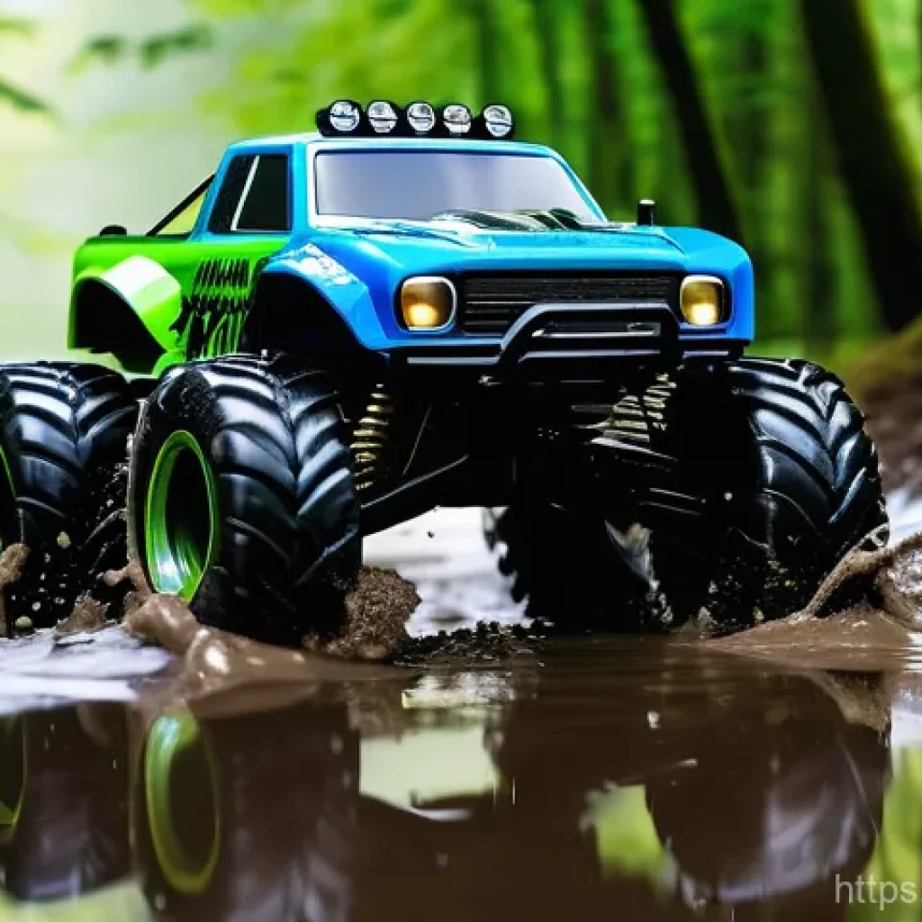 RC카의 방수 성능 테스트 - **Image Prompt: RC Car Splashing Through a Forest Puddle**
A highly detailed, 1/10 scale, modern...