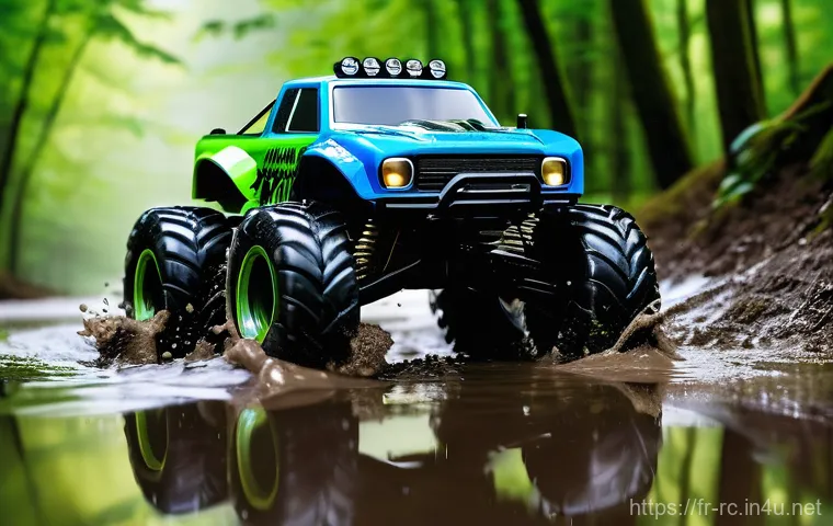 RC카의 방수 성능 테스트 - **Image Prompt: RC Car Splashing Through a Forest Puddle**
A highly detailed, 1/10 scale, modern...