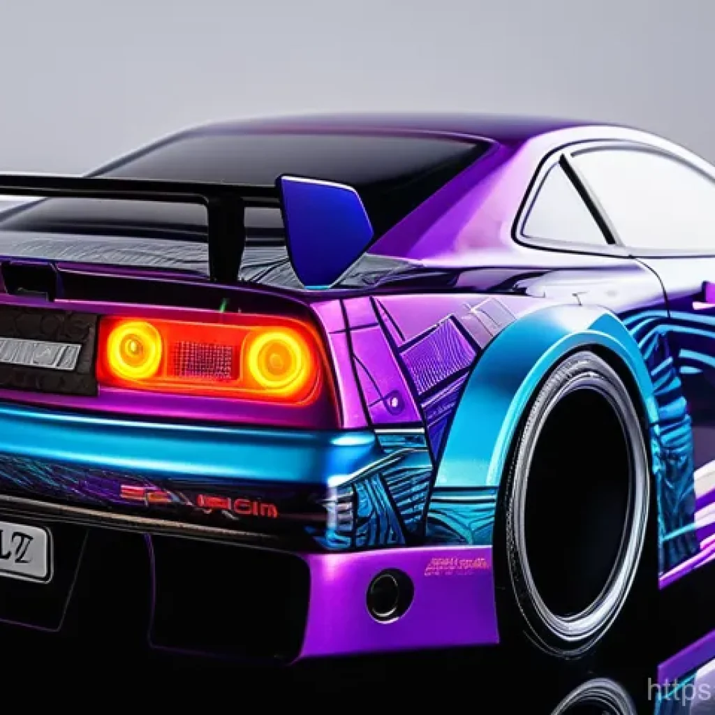 RC카의 독특한 커스터마이징 사례 - **Prompt:** A highly detailed close-up of a custom-painted RC drift car body, showcasing a vibrant "...