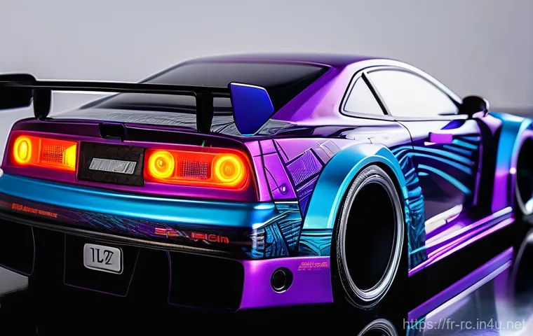 RC카의 독특한 커스터마이징 사례 - **Prompt:** A highly detailed close-up of a custom-painted RC drift car body, showcasing a vibrant "...
