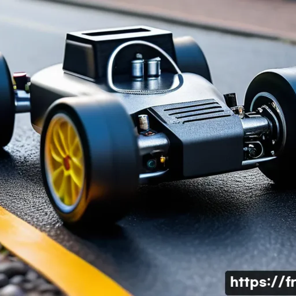 RC카 구매 시 주의점 - A detailed close-up of a brushed motor powering a lightweight remote-controlled car on a flat urban ...