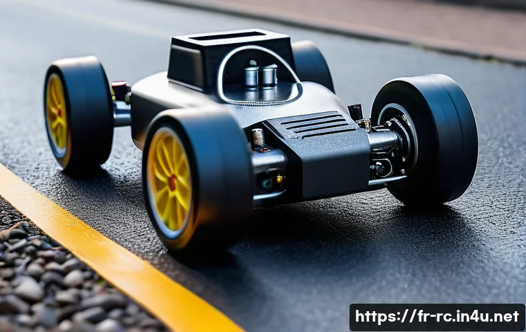 RC카 구매 시 주의점 - A detailed close-up of a brushed motor powering a lightweight remote-controlled car on a flat urban ...