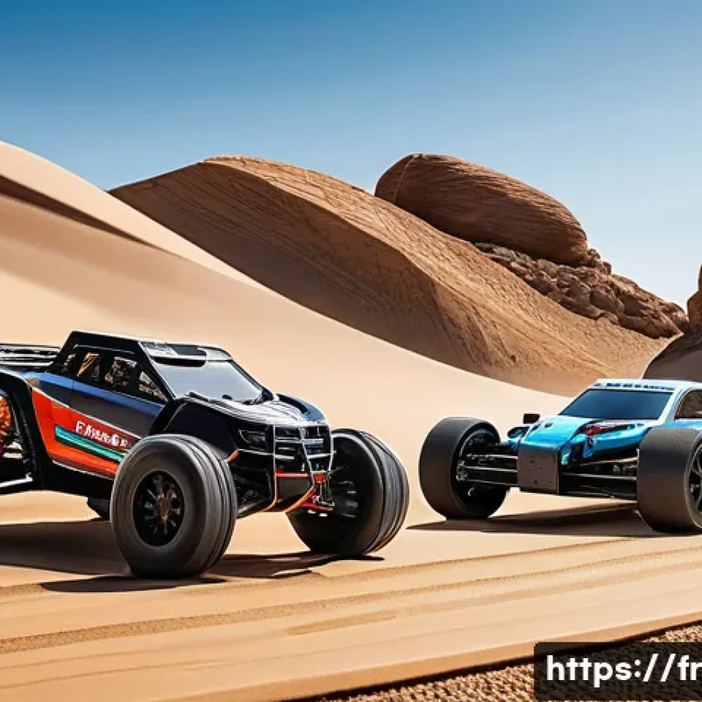 RC카의 온로드와 오프로드 성능 - A highly detailed close-up of two distinct radio-controlled cars side by side on a textured surface:...