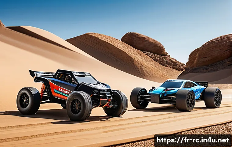 RC카의 온로드와 오프로드 성능 - A highly detailed close-up of two distinct radio-controlled cars side by side on a textured surface:...