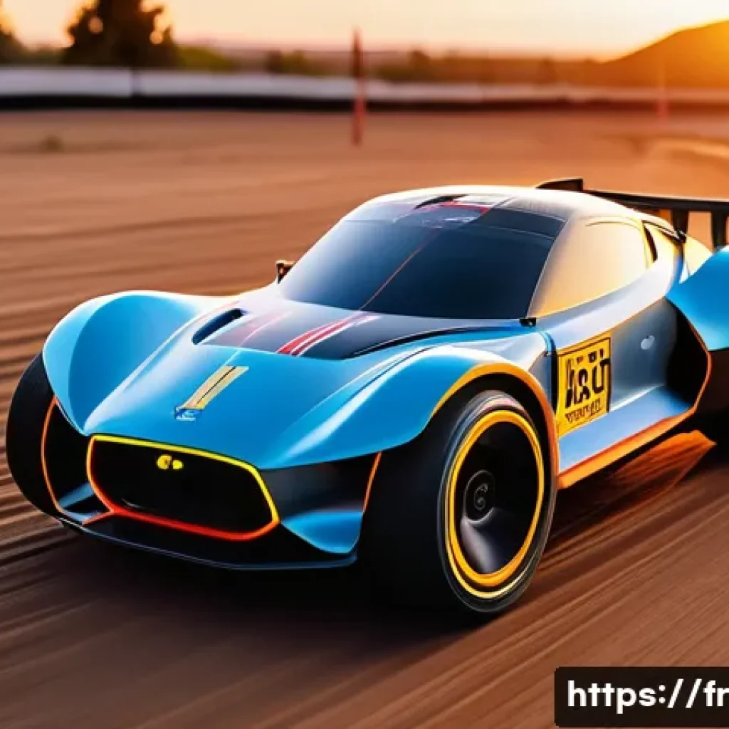 최신 RC카 모델 리뷰 - A sleek, high-tech remote-controlled car racing on an outdoor dirt track at sunset, featuring a ligh...