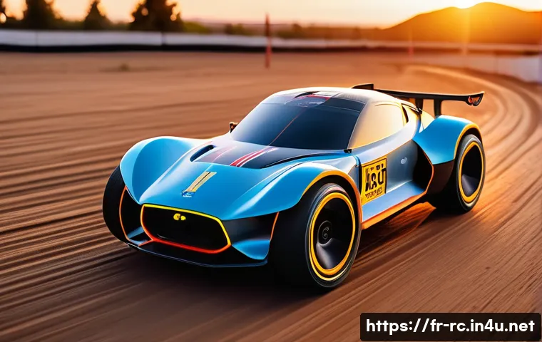 최신 RC카 모델 리뷰 - A sleek, high-tech remote-controlled car racing on an outdoor dirt track at sunset, featuring a ligh...