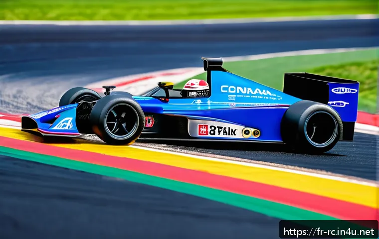 RC카 전문가 인터뷰 - A detailed close-up of a high-performance radio-controlled racing car on a smooth asphalt track, sho...