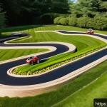 RC카의 트랙 디자인 아이디어 - A versatile RC car racing track designed for both beginners and experts, featuring wide straight sec...