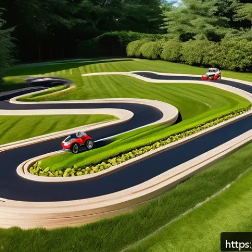 RC카의 트랙 디자인 아이디어 - A versatile RC car racing track designed for both beginners and experts, featuring wide straight sec...
