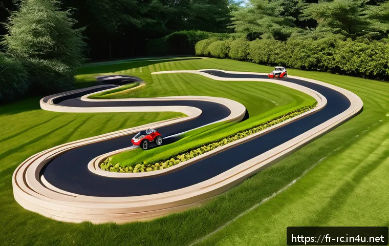 RC카의 트랙 디자인 아이디어 - A versatile RC car racing track designed for both beginners and experts, featuring wide straight sec...