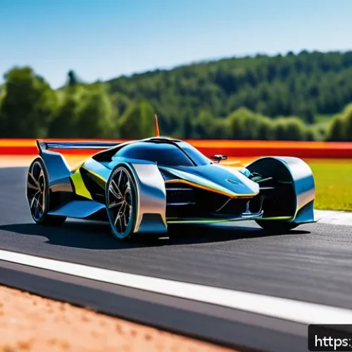 RC카를 활용한 신기술 적용 - A futuristic remote-controlled car racing on a rugged outdoor track, equipped with advanced AI-drive...