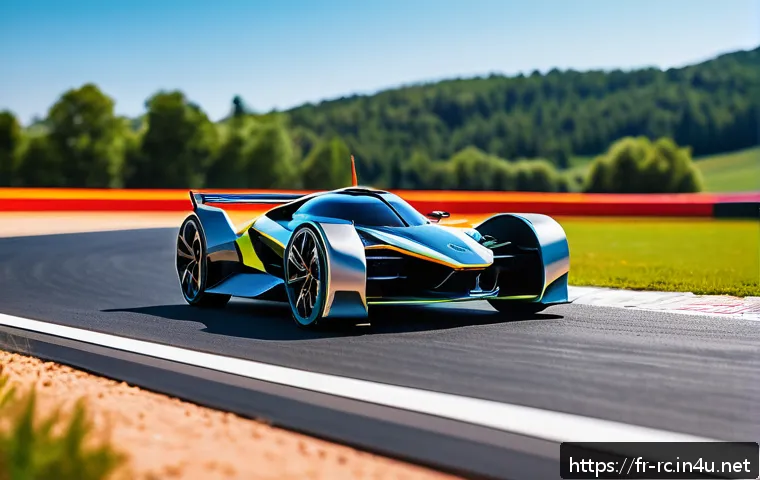 RC카를 활용한 신기술 적용 - A futuristic remote-controlled car racing on a rugged outdoor track, equipped with advanced AI-drive...