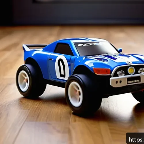 RC카 초소형 모델 리뷰 - A compact mini RC car racing indoors on a smooth wooden floor, held in the palm of a hand to emphasi...