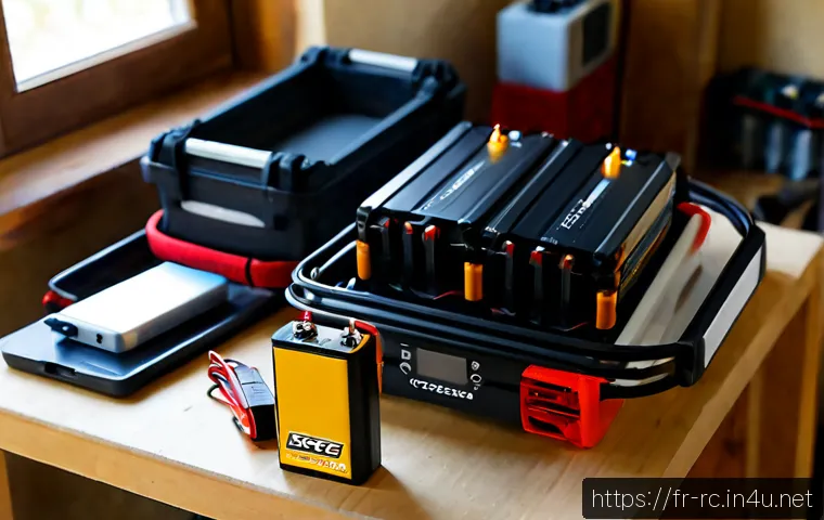 RC카 배터리 효율 높이는 법 - Photorealistic close-up of a hobbyist optimizing an RC car battery station in a tidy French home wor...
