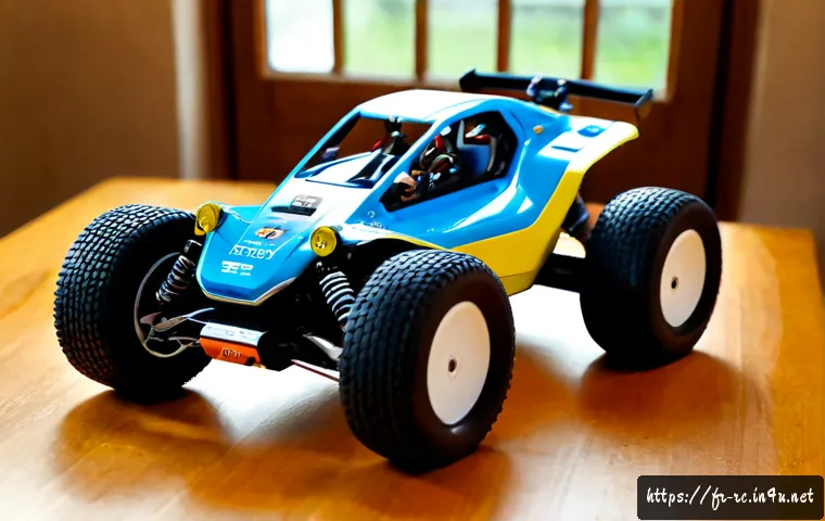 Home 17 RC카 액세서리 필수품 - Photorealistic close-up of an electric RC buggy on a clean wooden workbench, essential accessories n...